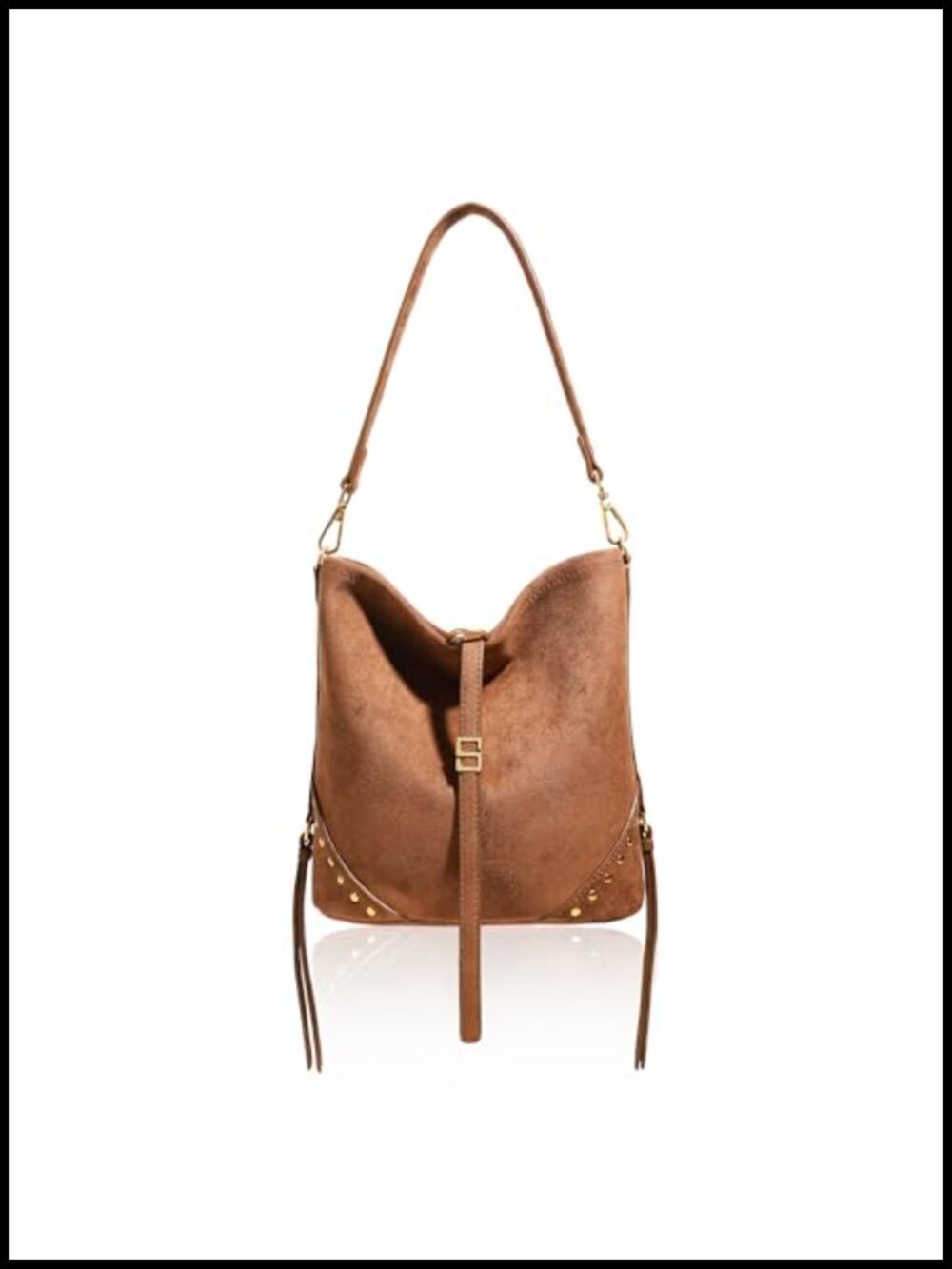 Women's Vegan Suede Studded Fringe Bucket Bag Crossbody Shoulder Handbag Purse
